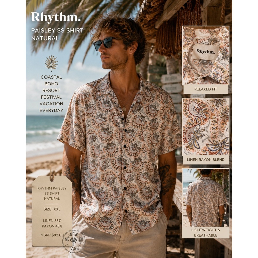 Rhythm Linen Rayon Paisley Camp Shirt XXL Coastal Boho Resort Festival Top Nee